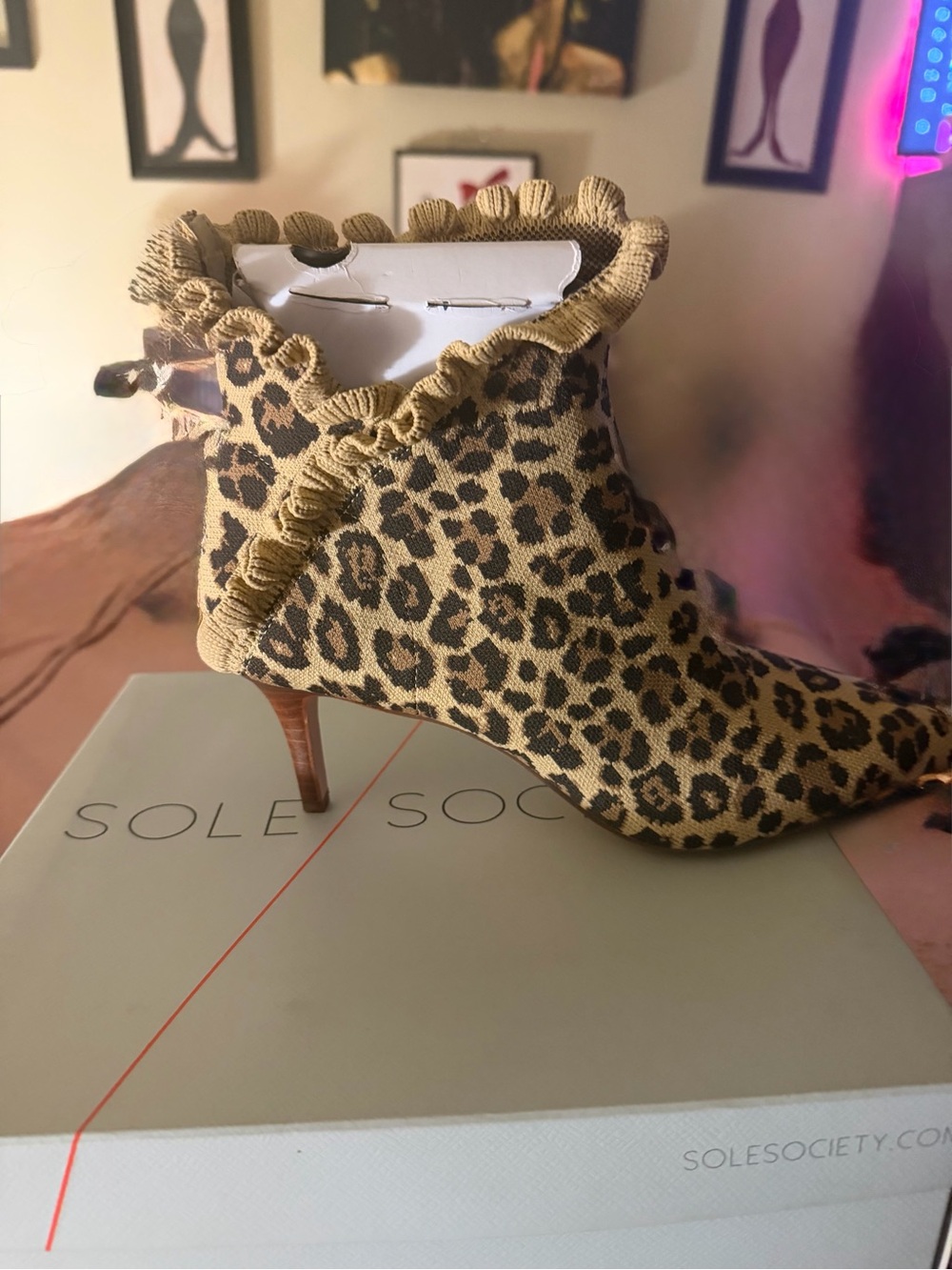 Sole Society Leopard Ruffle Ankle Boot in Tan and Black